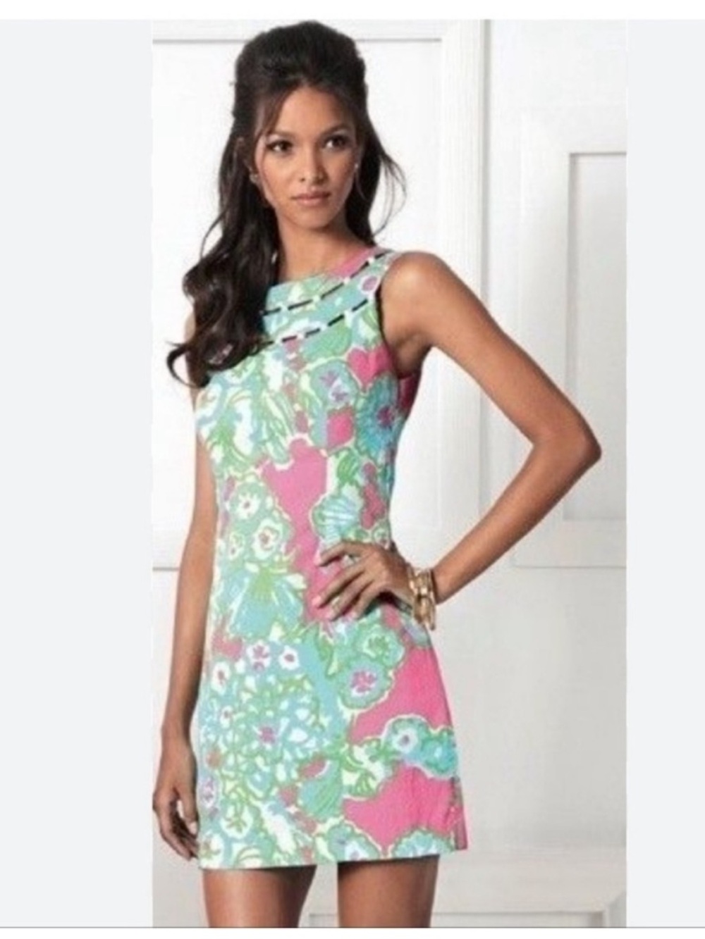 Lilly Pulitzer Sleeveless Floral Shift Dress Blue Pink green Beaded Lindy Mini